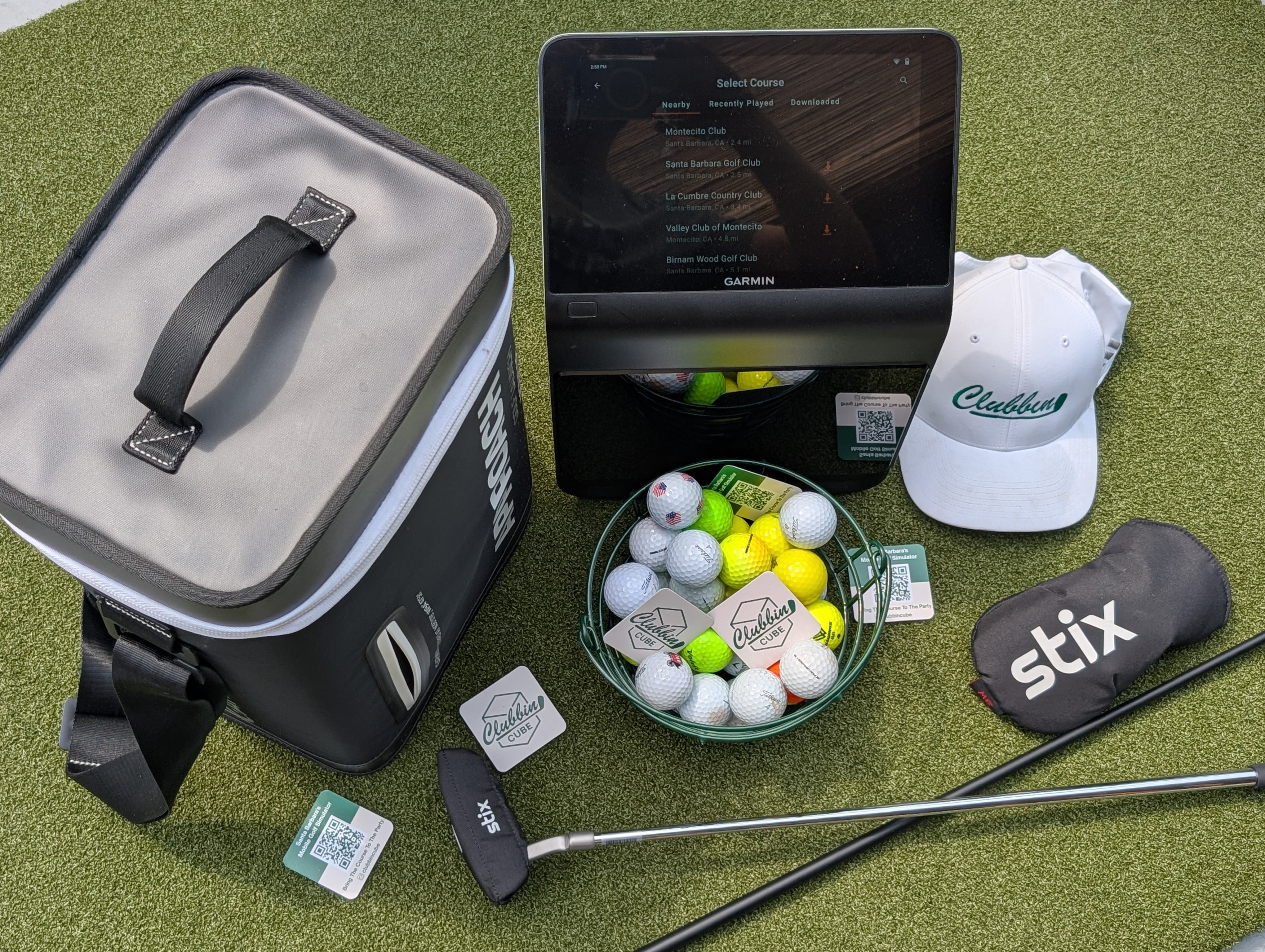 Clubbin Cube gear including Stix club and Garmin radar